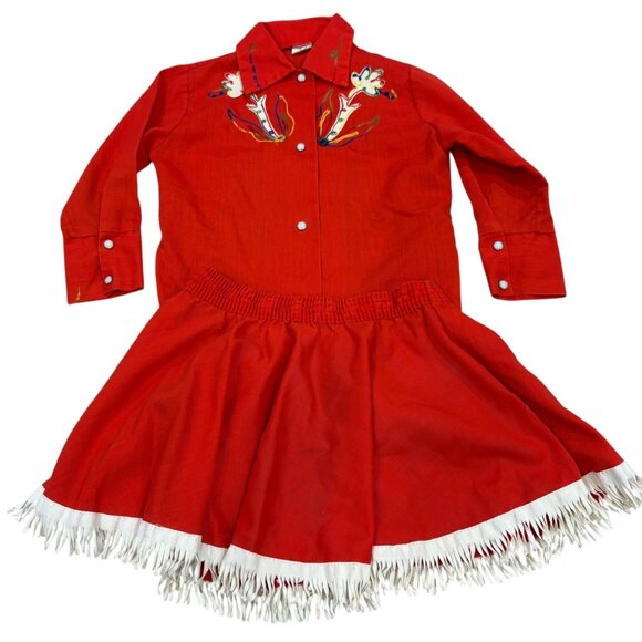 Vintage 1970s Sears Girls Red Western Shirt Skirt Set Floral Embroidery 4T - Picture 1 of 12